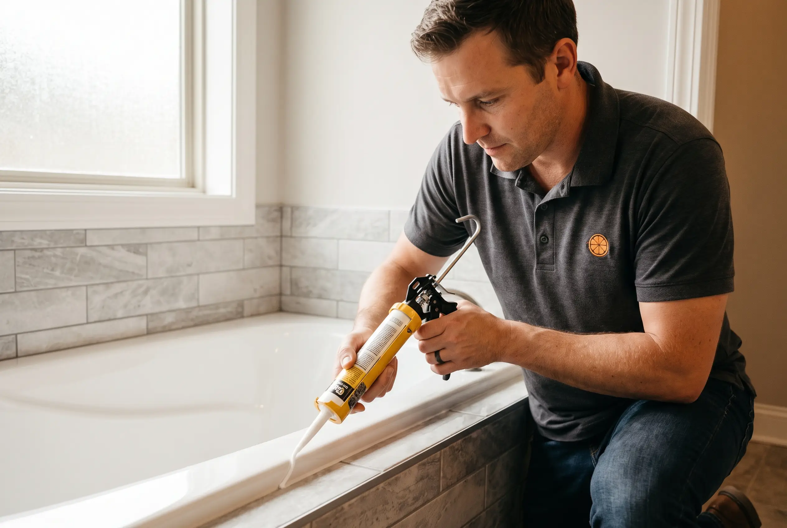 Handyman re-caulking modern bathroom tile at an Orlando home