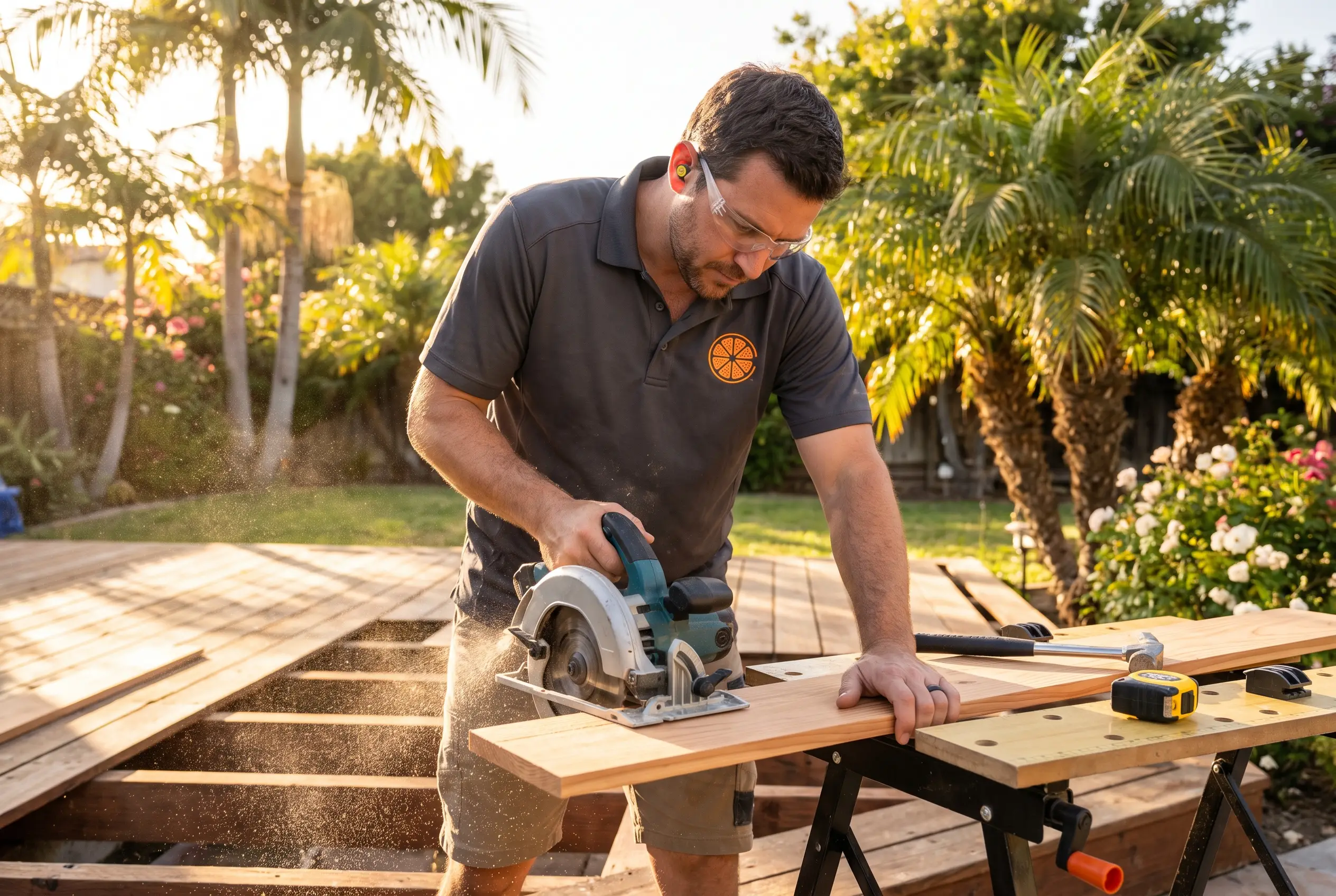 Handyman repairing a wooden backyard deck in a sunny Florida yard