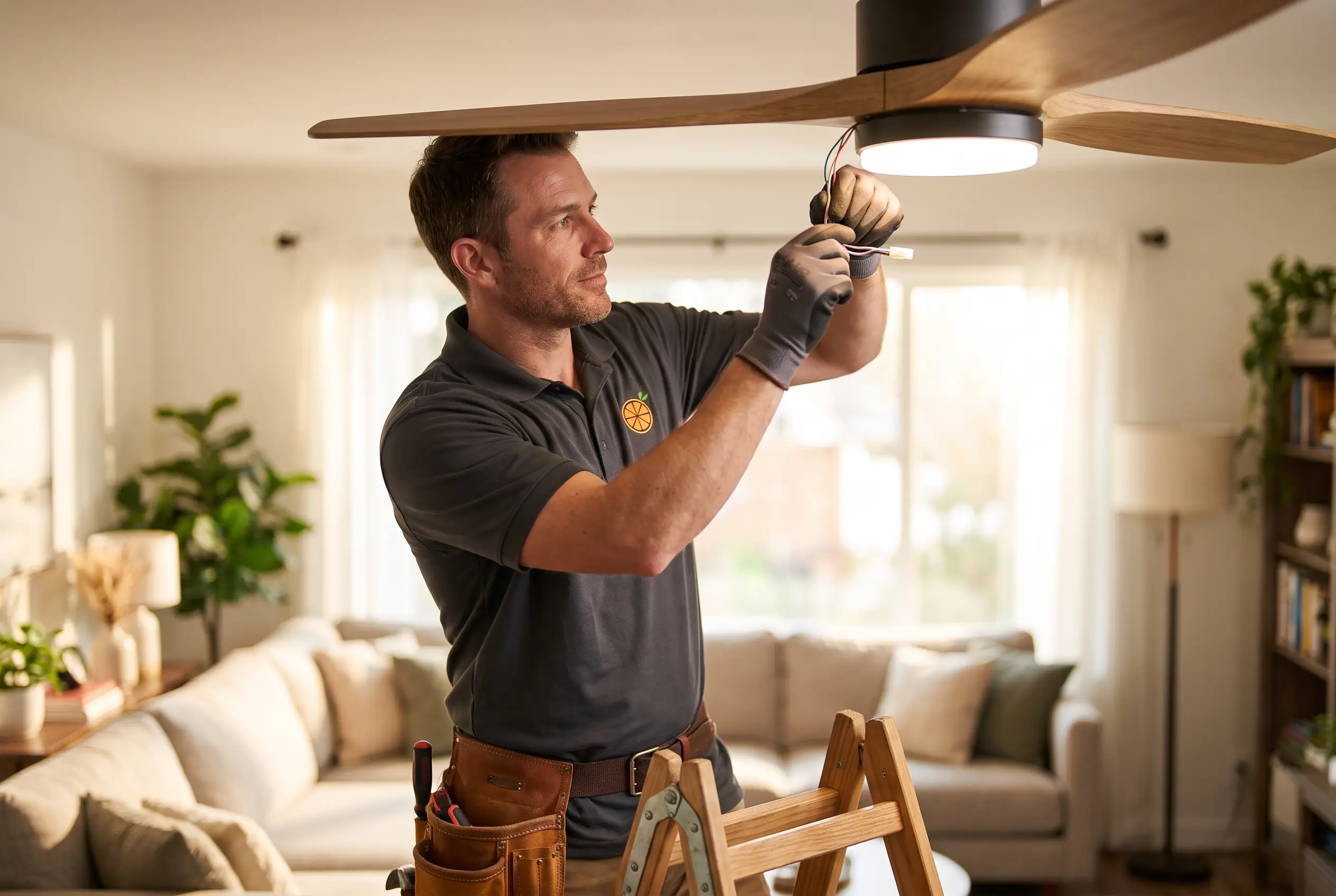 Handyman installing a ceiling fan and light fixture in an Orlando home