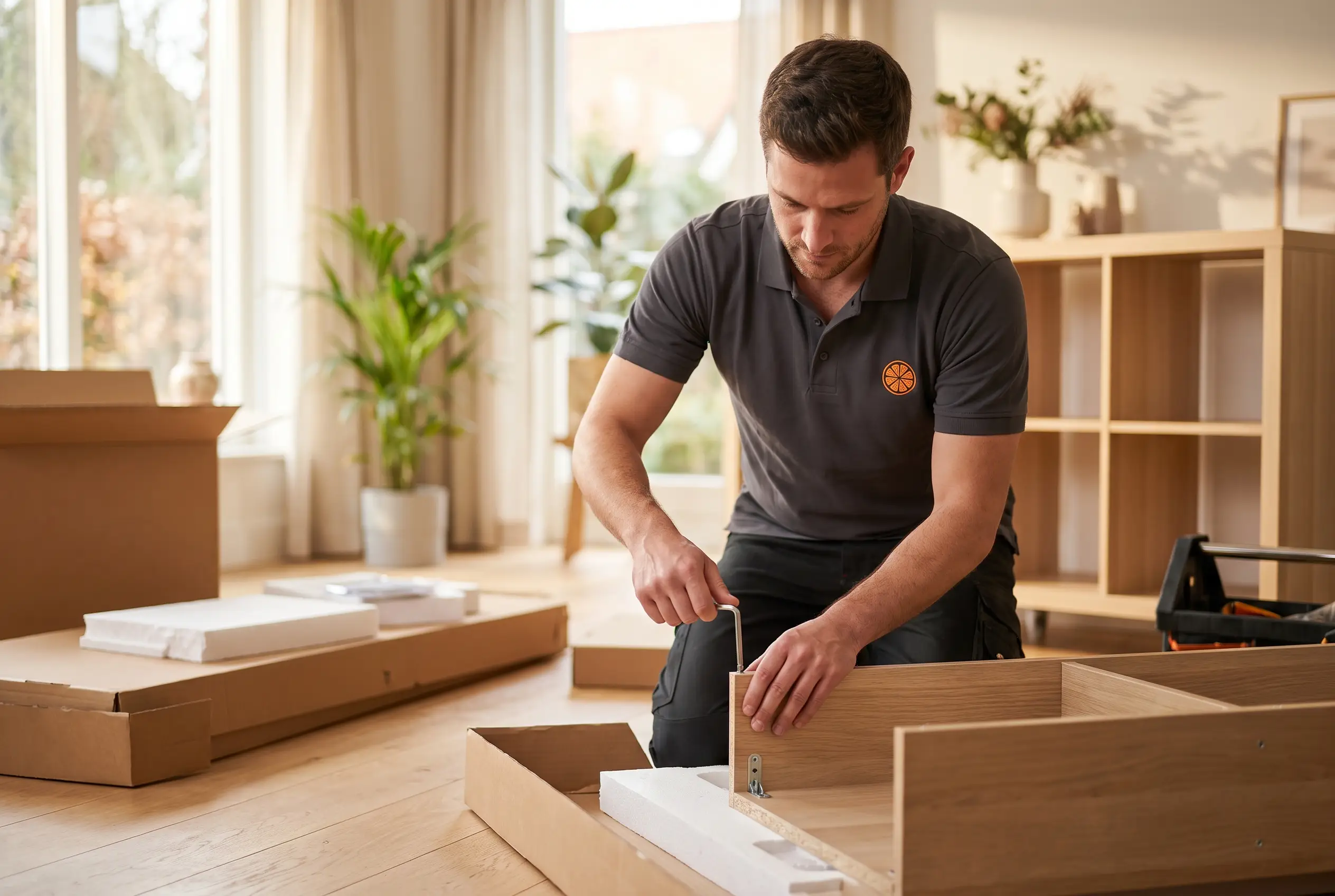 Handyman assembling flat-pack furniture in a bright Orlando living room
