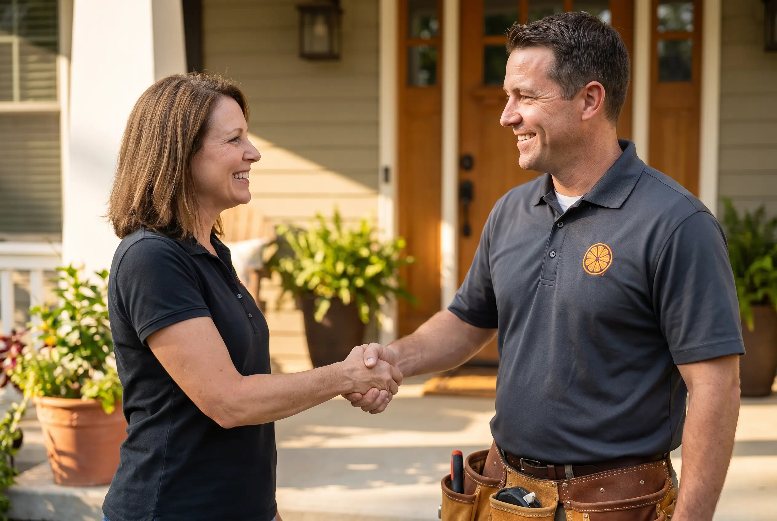 Citrus Handyman technician shaking hands with a happy homeowner at her Orlando front door