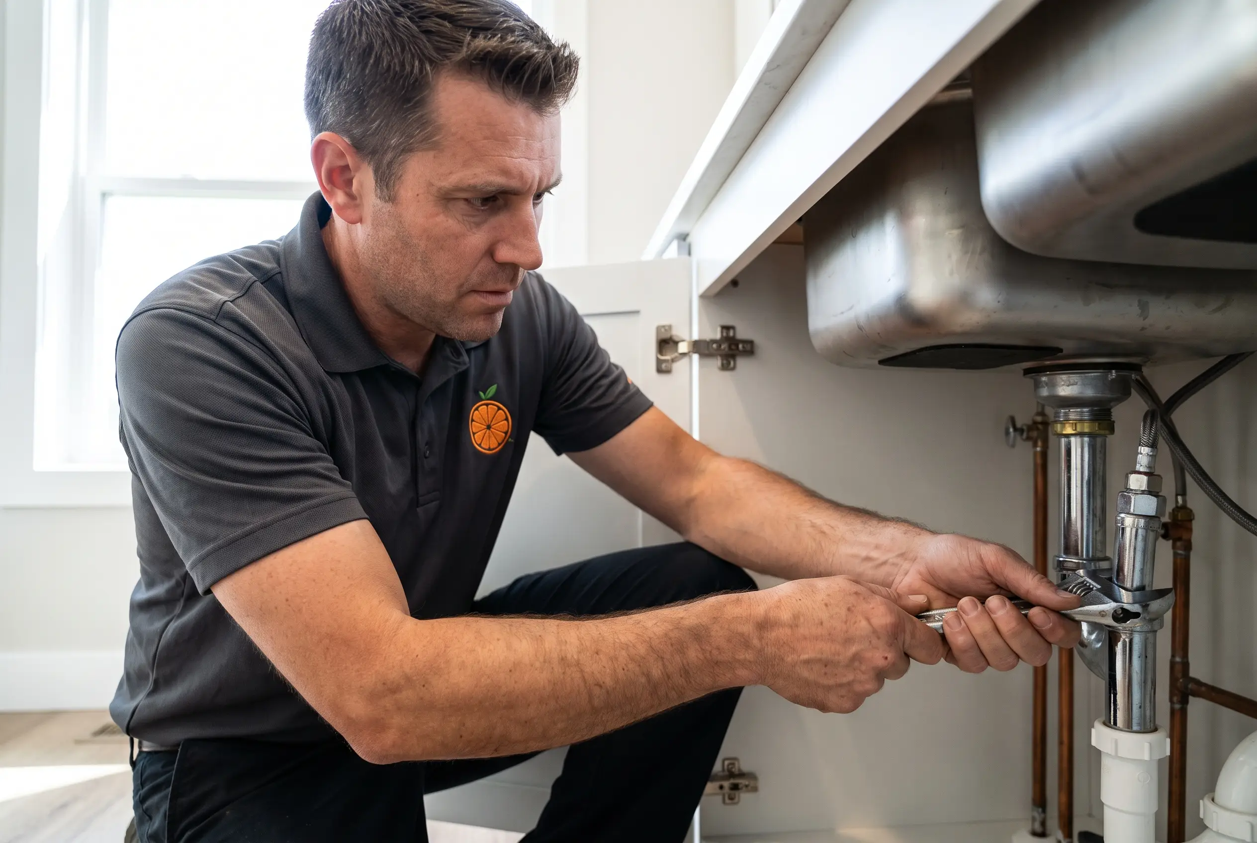 Handyman repairing a kitchen faucet under the sink at an Orlando home