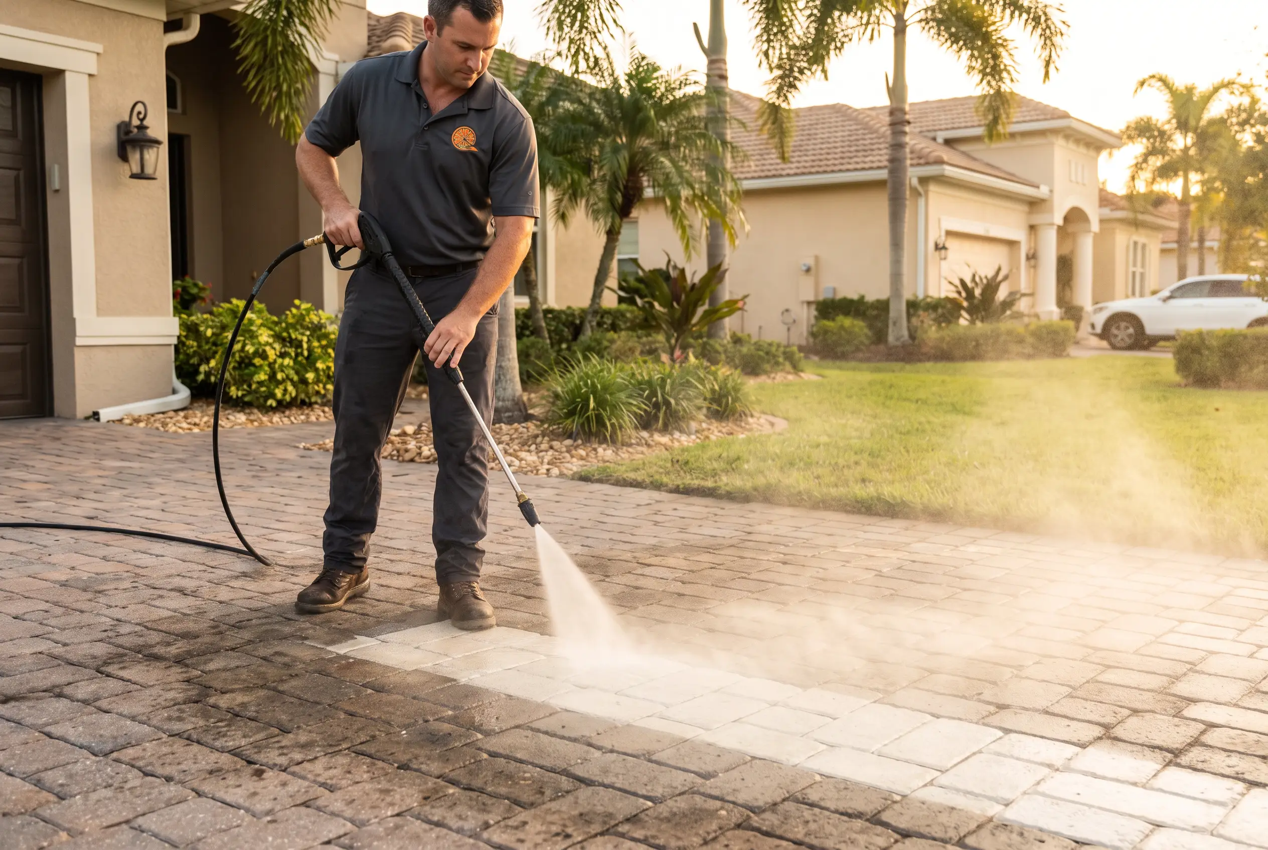 Handyman pressure washing a paver driveway at a Florida home