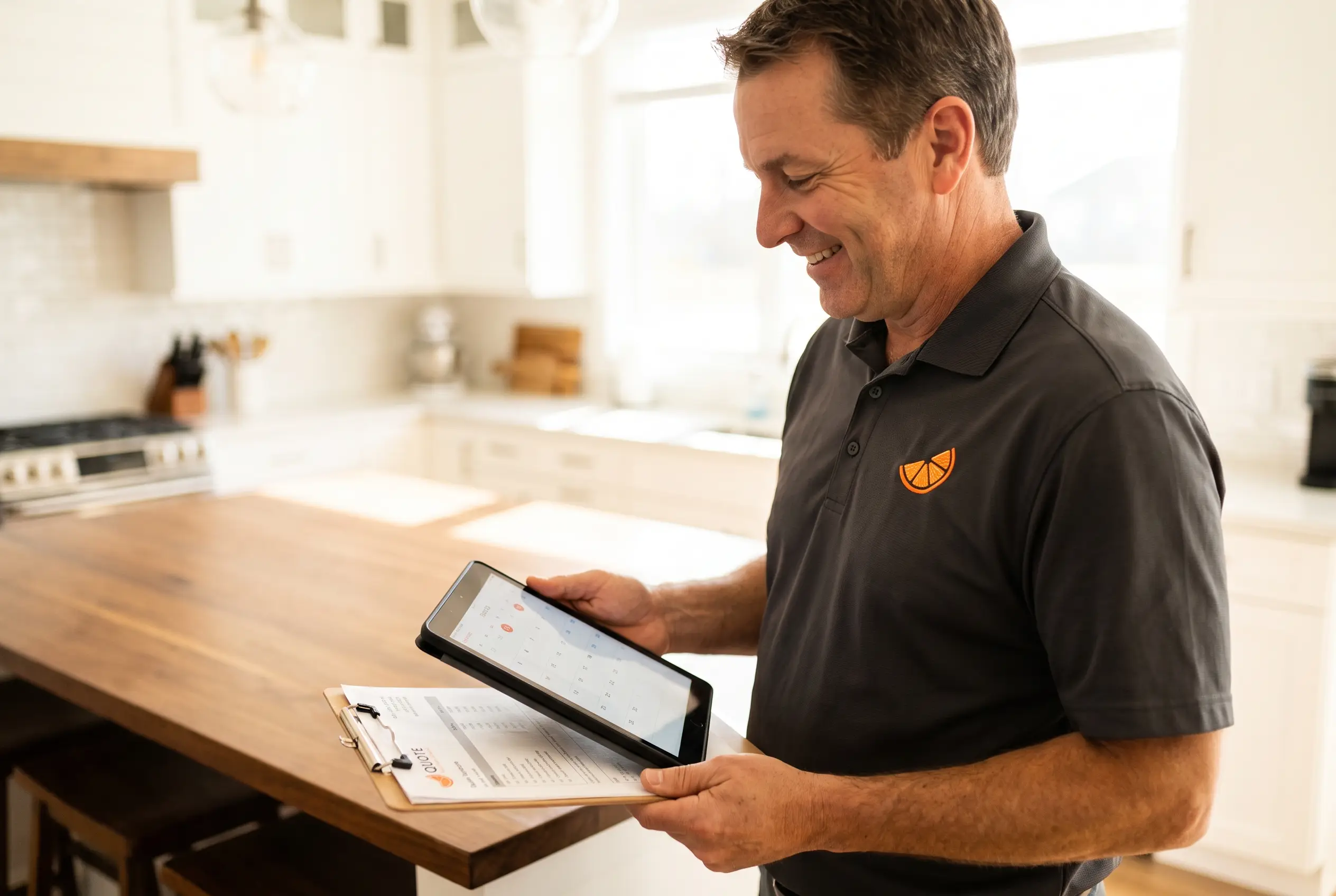 Handyman using a tablet to schedule an appointment and prepare a quote