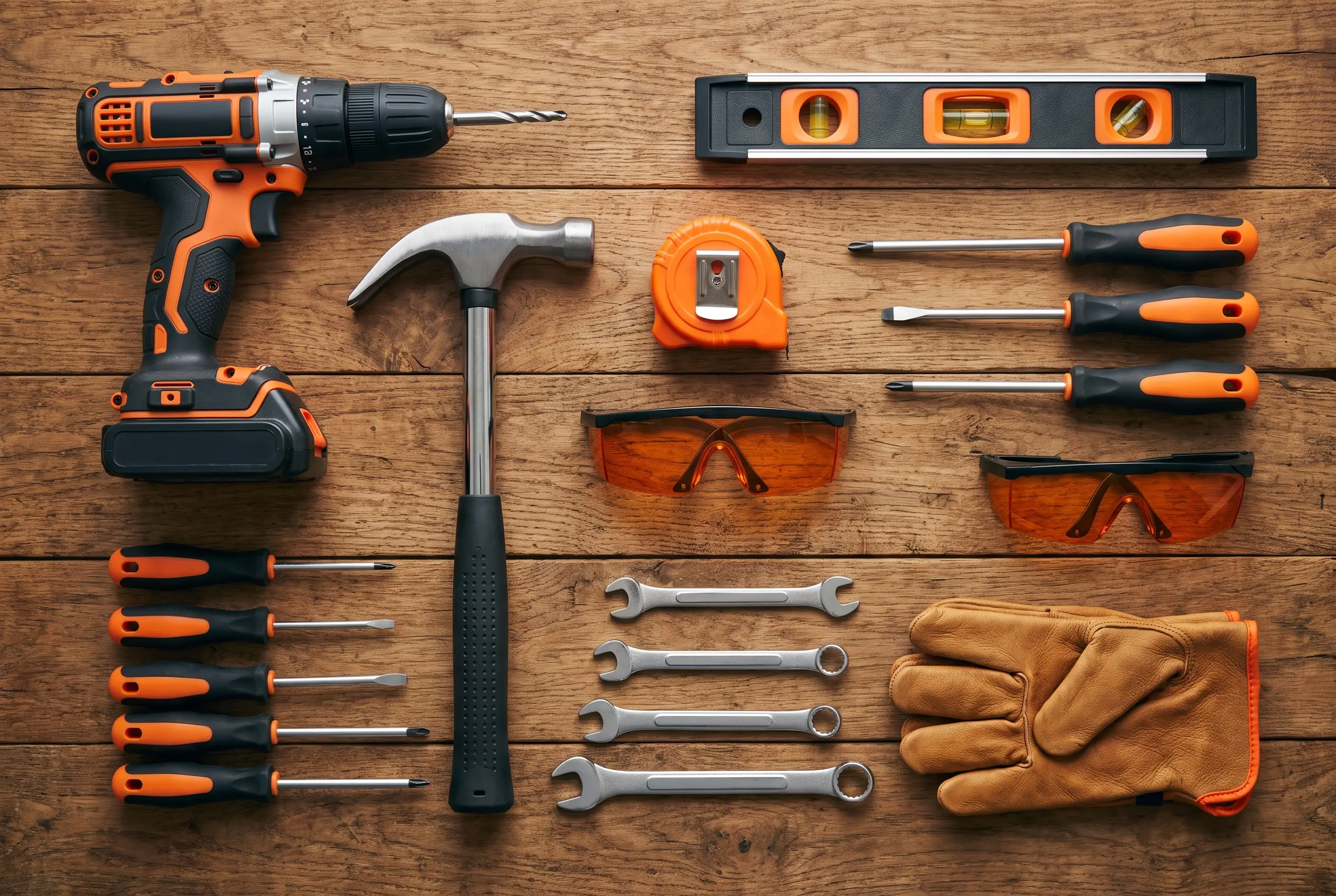 A tidy flat lay of professional handyman tools on a workbench