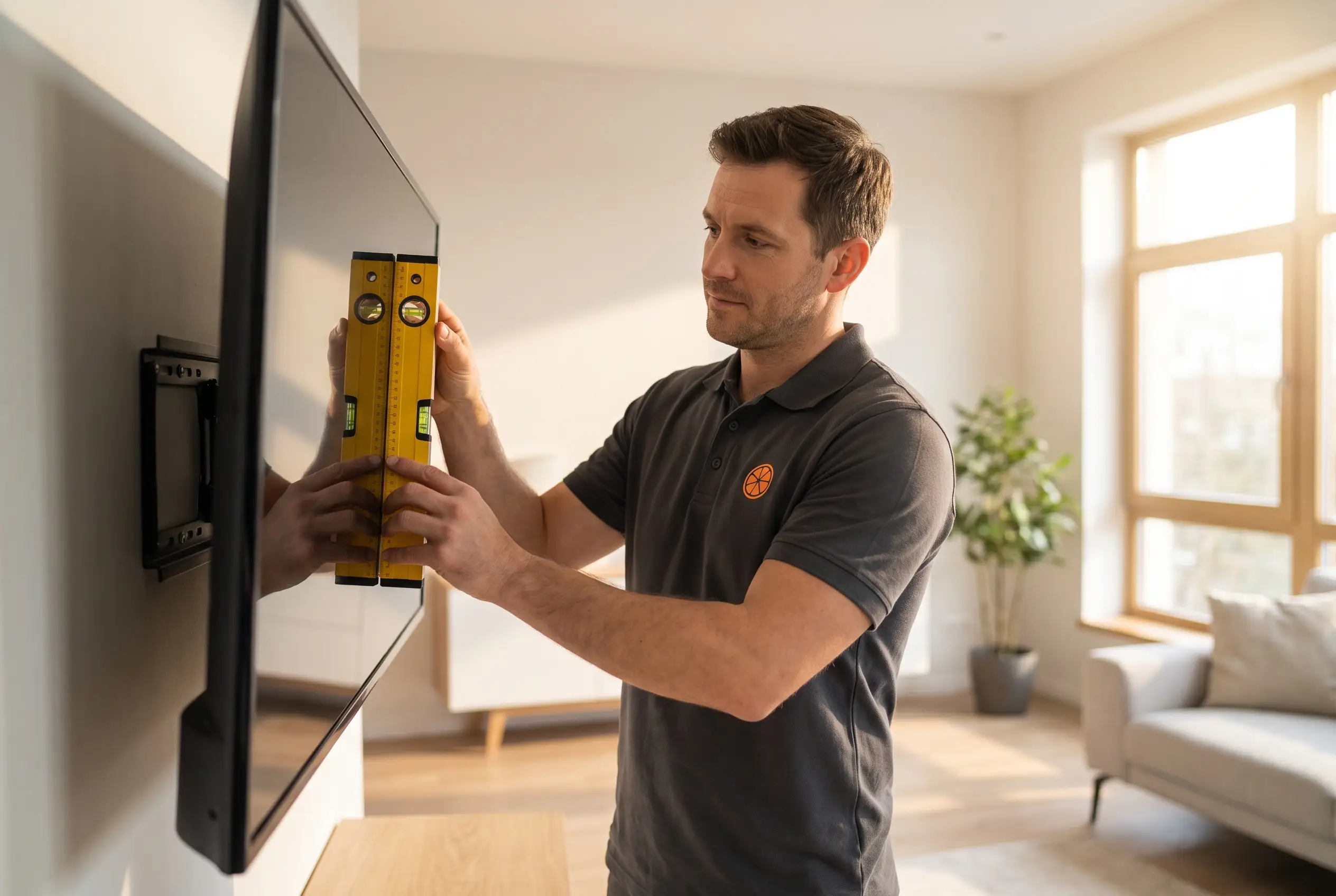 Handyman mounting a large flat-screen TV on a living-room wall