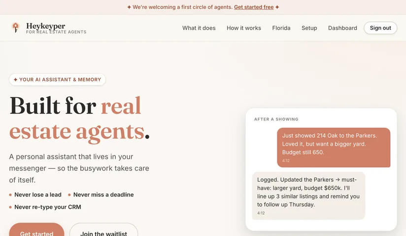 Heykeyper home page — an assistant for real estate agents that works in their messenger
