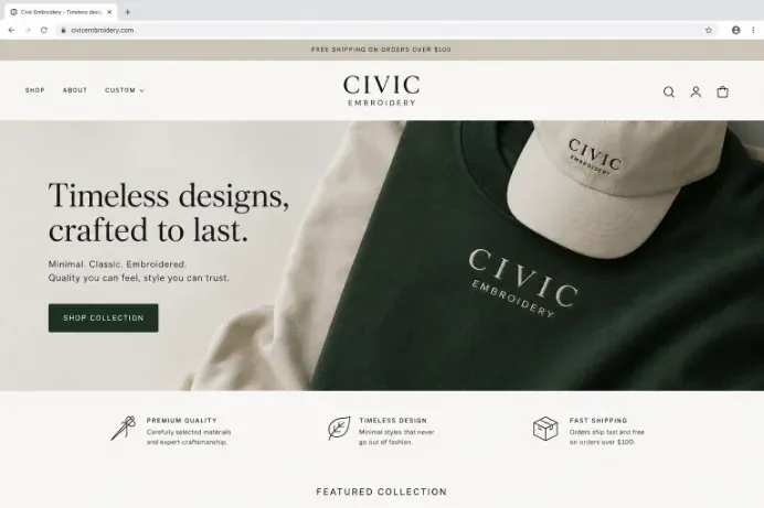 Civic Embroidery Services website with online orders